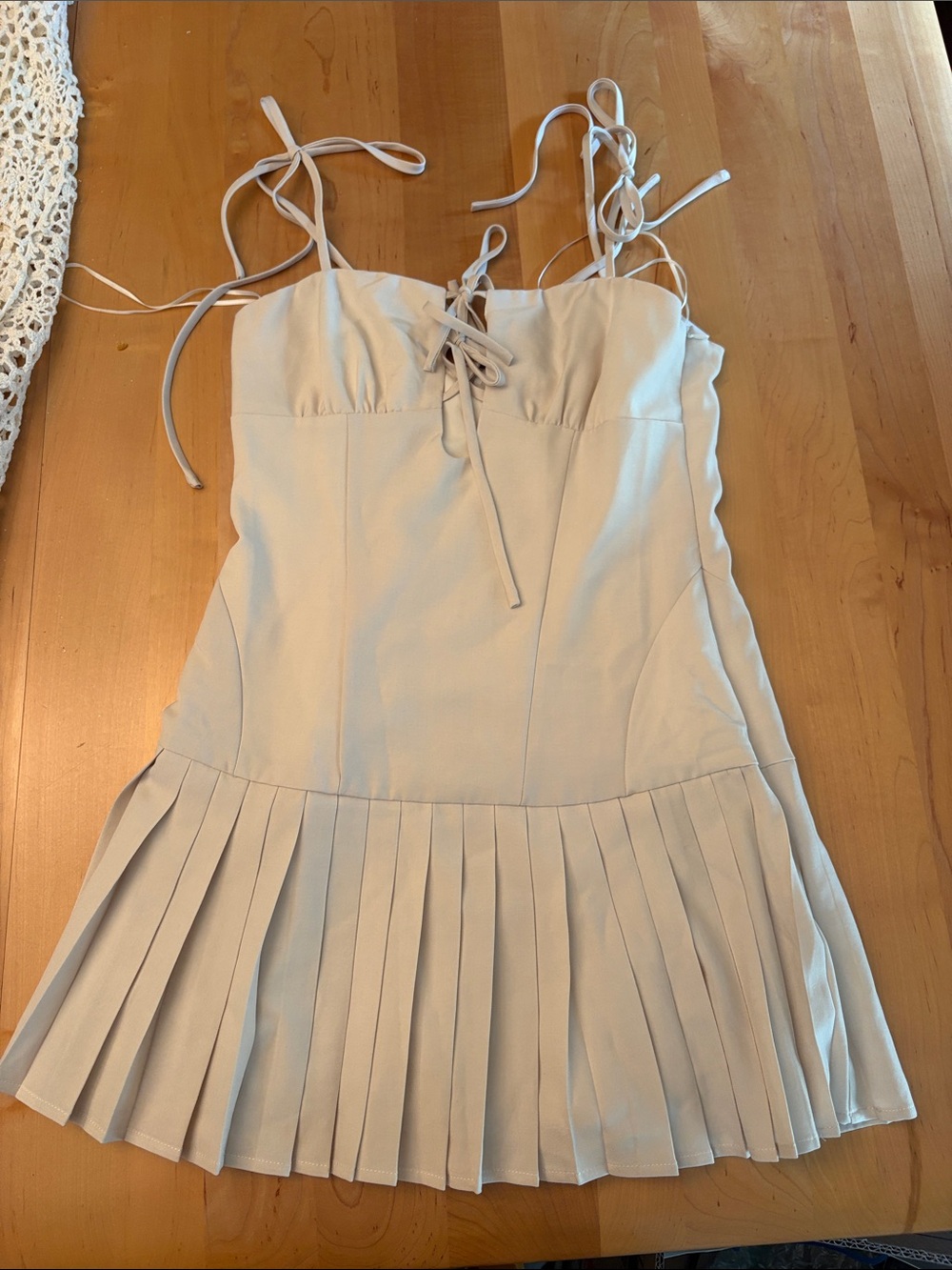 Cream Tie-Front Pleated Drop Waist Mini Dress